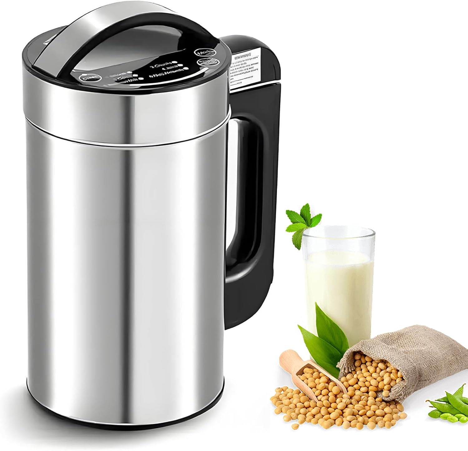 Macchina per latte di soia e noci in acciaio inox, da 1,2 litri, accanto a soia e a un bicchiere di latte vegetale